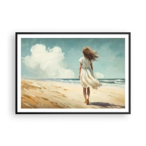 Poster in cornice nera - Una donna in abito bianco che cammina sulla spiaggia in una giornata di sole - 100x70cm - Dove sole e vento si incontrano - Decorazione murale moderna per soggiorno e camera da letto ARTTOR