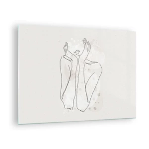 Quadro su vetro - Uno schizzo minimalista delle mani e delle labbra di una donna su uno sfondo beige. - 70x50cm - Attimo sognante - Decorazione murale moderna per soggiorno e camera da letto ARTTOR