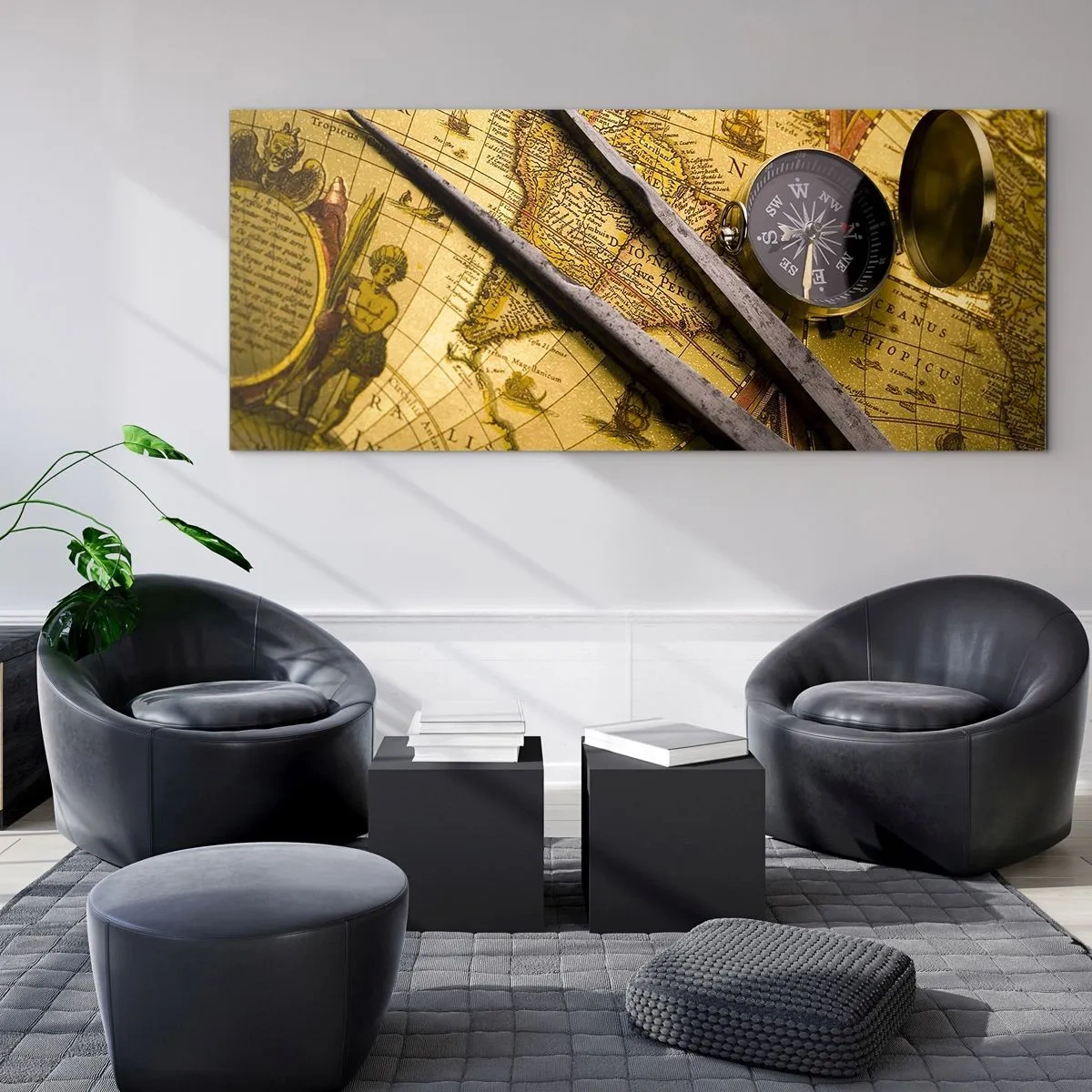 Quadro su vetro - Una mappa del mondo antica con una bussola e un paio di bussole sullo sfondo - 140x50cm - Dove sono questi tesori? - Decorazione murale moderna per soggiorno e camera da letto ARTTOR