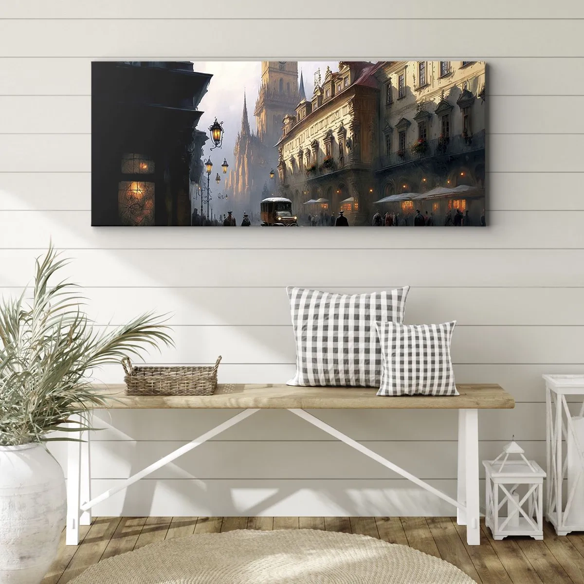 Quadro su tela - Stampe su Tela - Scena di strada serale con architettura storica - 140x50cm - Il fascino delle sere di Praga - Decorazione murale moderna per soggiorno e camera da letto ARTTOR