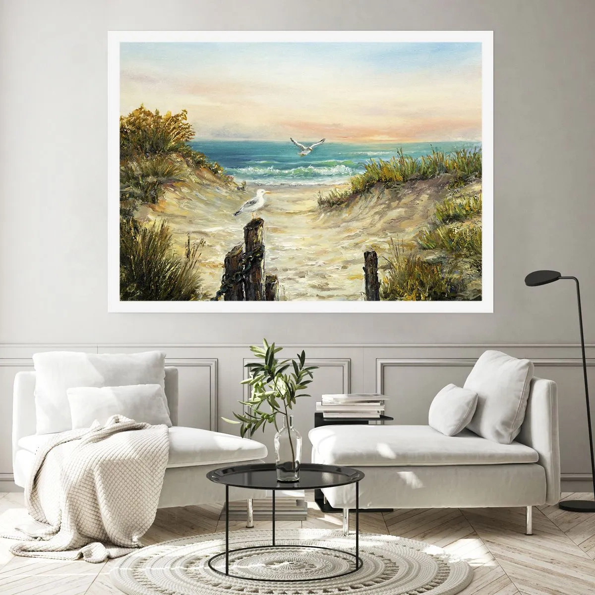 Poster - Costa con gabbiani e dune al tramonto - 100x70cm - Silenzio senza vento - Decorazione murale moderna per soggiorno e camera da letto ARTTOR