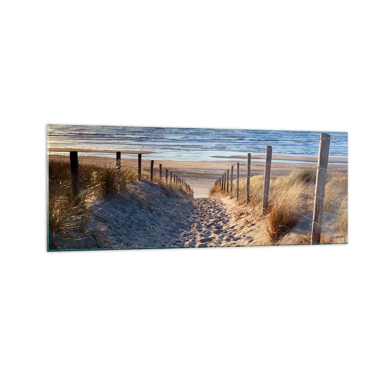 Quadro su vetro - Sentiero tra le dune che conduce alla spiaggia - 140x50cm - Rumore del mare, uccelli che cantano, spiaggia selvatica tra i cespugli... - Decorazione murale moderna per soggiorno e camera da letto ARTTOR