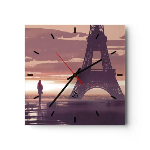 Orologio da parete - Orologio in Vetro - Una figura che guarda la Torre Eiffel alla luce del sole al tramonto - 30x30cm - Solo loro due - Decorazione murale moderna per soggiorno e camera da letto ARTTOR
