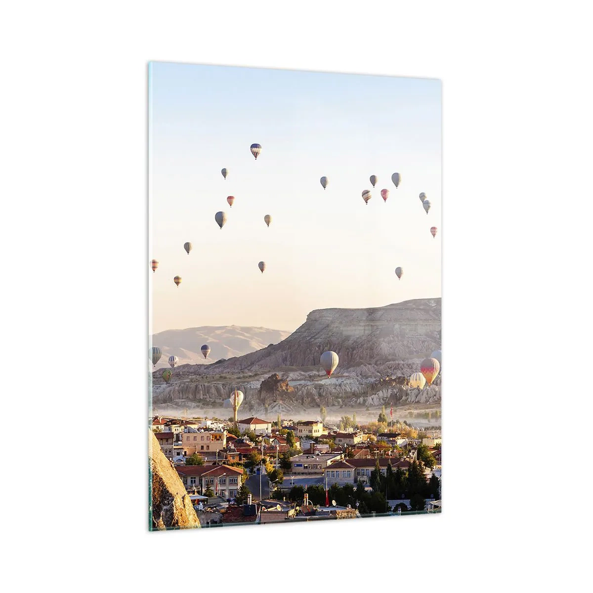 Quadro su vetro - Volo in mongolfiera sopra la Cappadocia alla luce del mattino - 50x70cm - Come navi nel cielo - Decorazione murale moderna per soggiorno e camera da letto ARTTOR