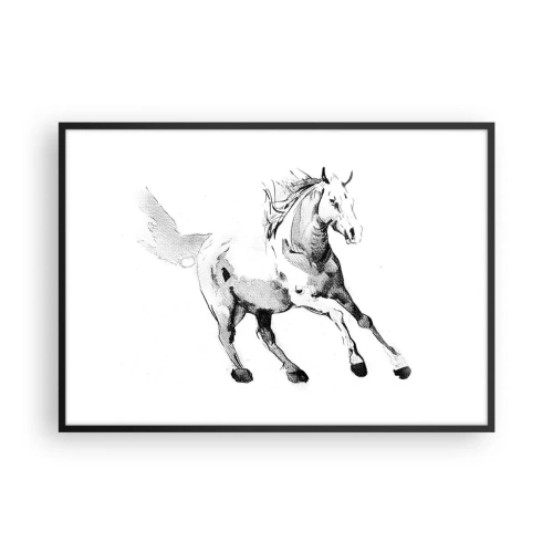 Poster in cornice nera - Schizzo di un cavallo al galoppo nei toni del bianco e nero - 100x70cm - Anima indomabile - Decorazione murale moderna per soggiorno e camera da letto ARTTOR