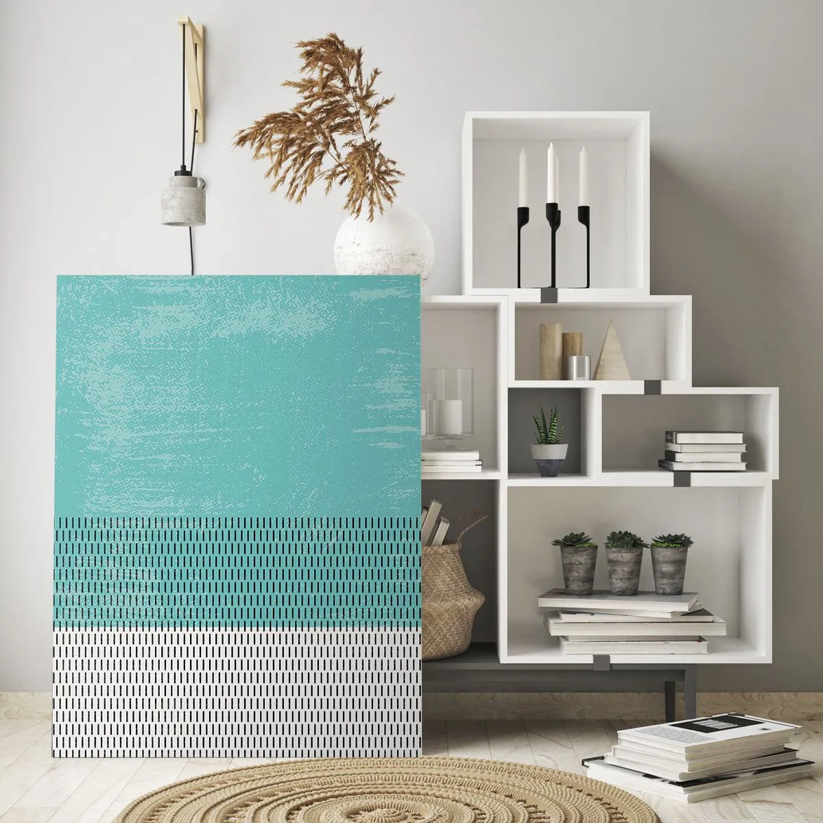 Quadro su vetro - Composizione geometrica con turchese e linee - 70x100cm - Composizione equilibrata - Decorazione murale moderna per soggiorno e camera da letto ARTTOR