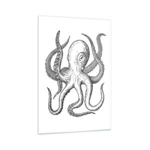 Quadro su vetro - Disegno in bianco e nero di un polpo su sfondo bianco in stile vintage - 70x100cm - Ballando con le onde - Decorazione murale moderna per soggiorno e camera da letto ARTTOR