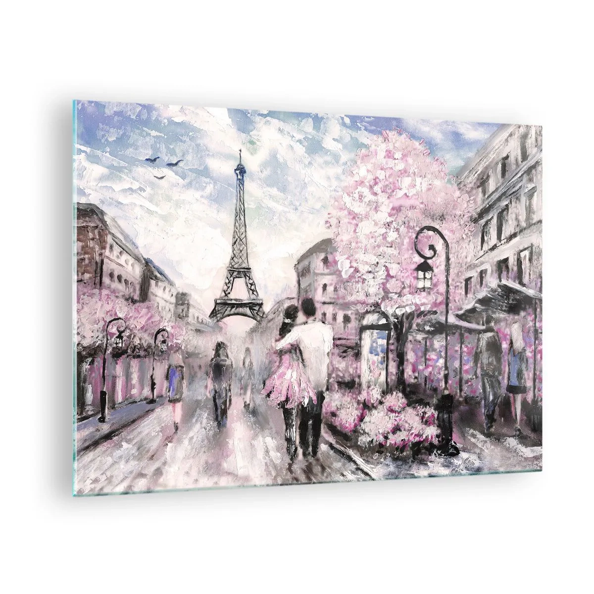 Quadro su vetro - Coppia romantica a Parigi con la Torre Eiffel sullo sfondo - 70x50cm - Se innamorarsi, allora solo a... - Decorazione murale moderna per soggiorno e camera da letto ARTTOR