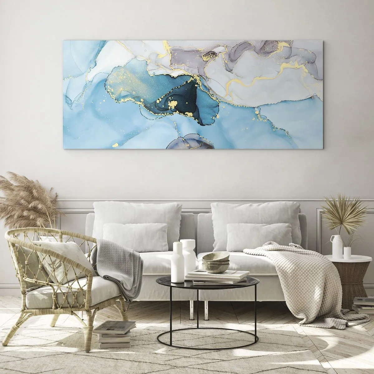 Quadro su vetro - Astrazione nei toni del blu e dell'oro con linee sottili - 140x50cm - Studio di incontro tra grigio e turchese - Decorazione murale moderna per soggiorno e camera da letto ARTTOR
