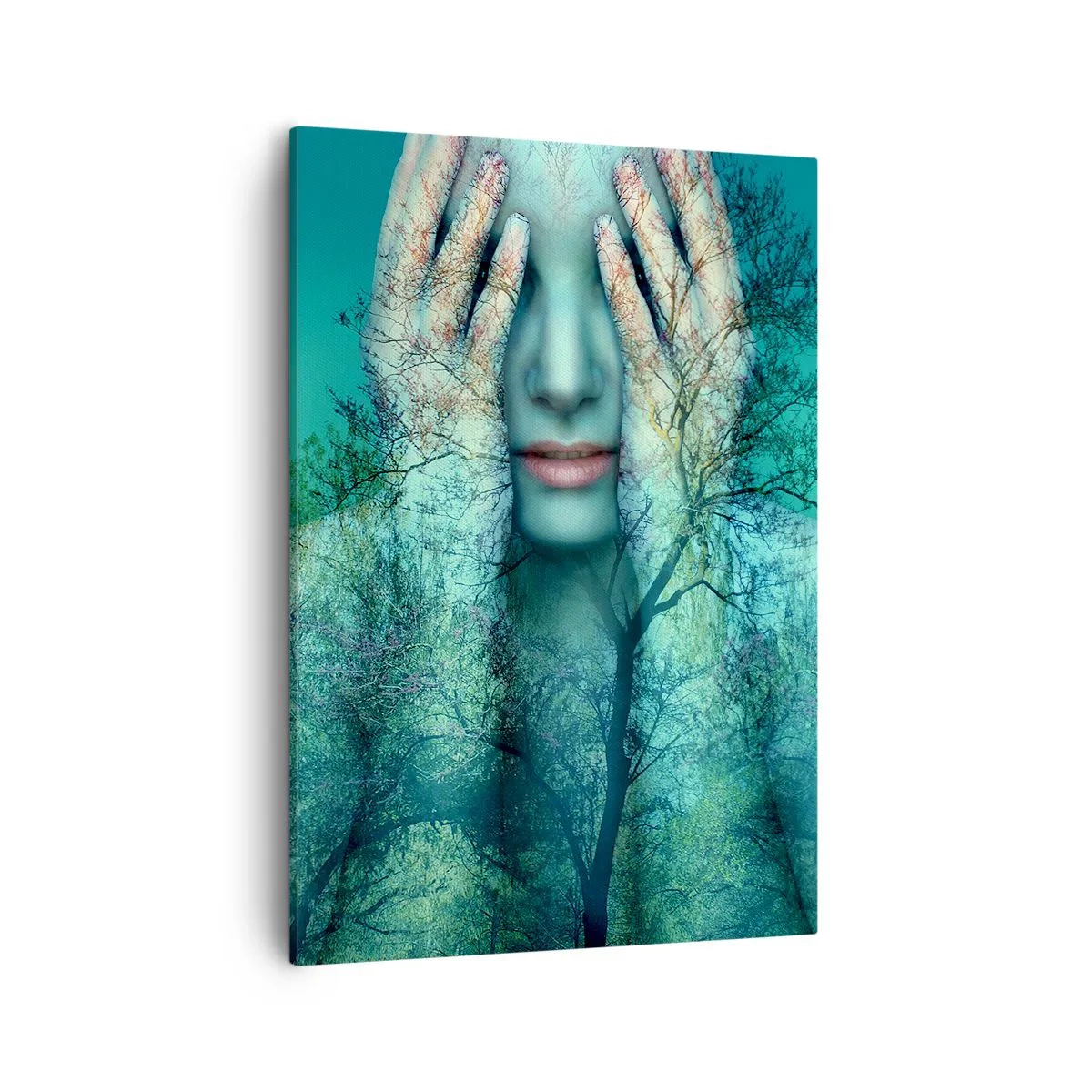 Quadro su tela - Stampe su Tela - Una figura femminile con un motivo ad albero su uno sfondo paesaggistico turchese - 50x70cm - Immersa nel blu - Decorazione murale moderna per soggiorno e camera da letto ARTTOR
