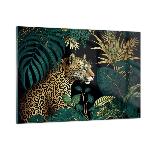 Quadro su vetro - Un leopardo tra foglie tropicali su uno sfondo scuro - 120x80cm - Il signore della giungla - Decorazione murale moderna per soggiorno e camera da letto ARTTOR