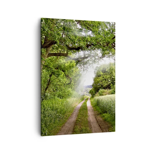 Quadro su tela - Stampe su Tela - Una strada sterrata tra alberi verdi e luce solare - 50x70cm - Et in Arcadia ego - Decorazione murale moderna per soggiorno e camera da letto ARTTOR