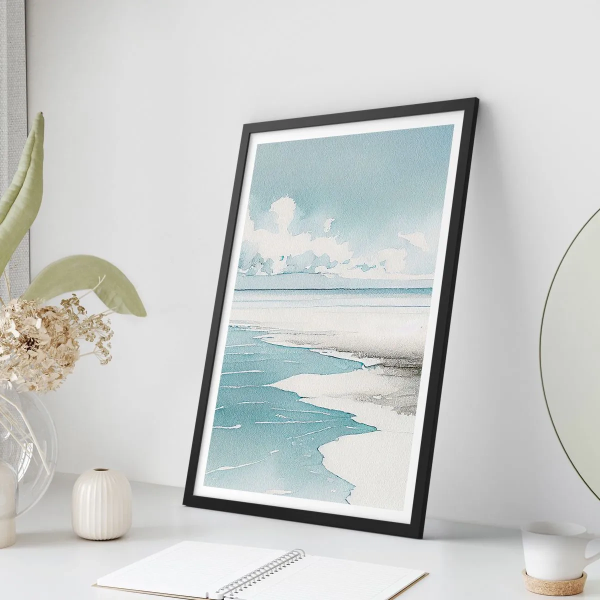Poster in cornice nera - Paesaggio costiero ad acquerello in tonalità pastello - 50x70cm - Marea dolce - Decorazione murale moderna per soggiorno e camera da letto ARTTOR