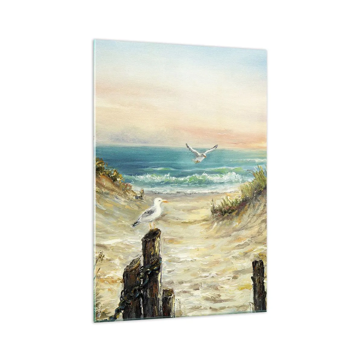 Quadro su vetro - Costa con gabbiani e dune al tramonto - 70x100cm - Silenzio senza vento - Decorazione murale moderna per soggiorno e camera da letto ARTTOR