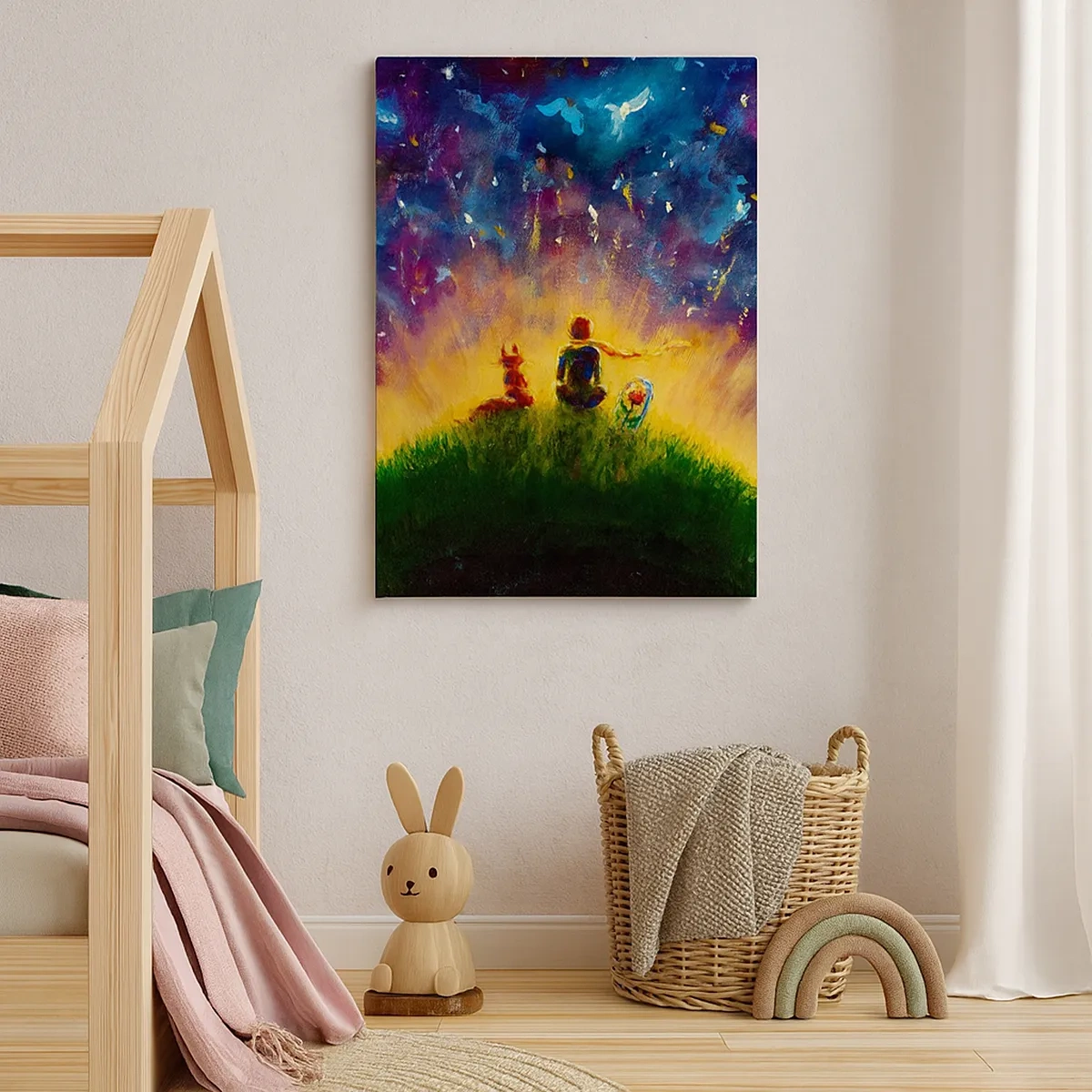 Quadro su tela - Stampe su Tela - Figure su una collina verde circondata da un cielo stellato - 50x70cm - Amore e amicizia: l'intero mondo - Decorazione murale moderna per soggiorno e camera da letto ARTTOR
