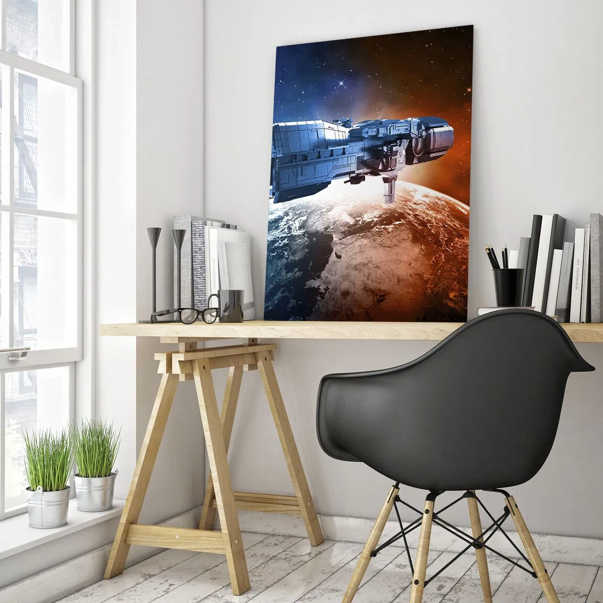 Quadro su vetro - Un'astronave sullo sfondo di un pianeta nello spazio - 80x120cm - Un attento osservatore - Decorazione murale moderna per soggiorno e camera da letto ARTTOR