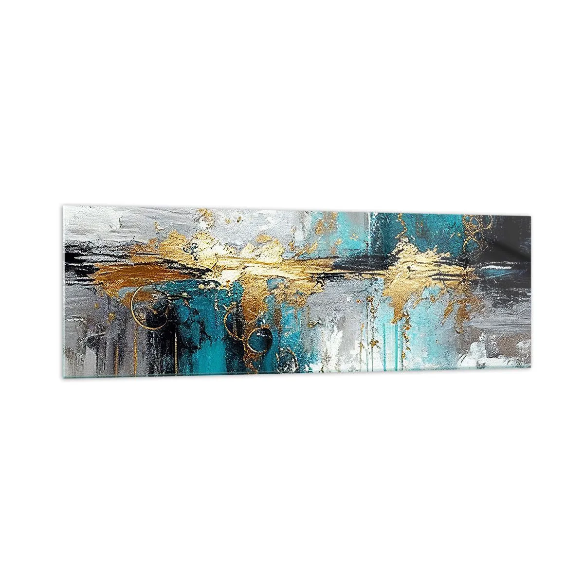 Quadro su vetro - Una composizione astratta con accenti turchesi e dorati. - 160x50cm - Panta rei - Decorazione murale moderna per soggiorno e camera da letto ARTTOR