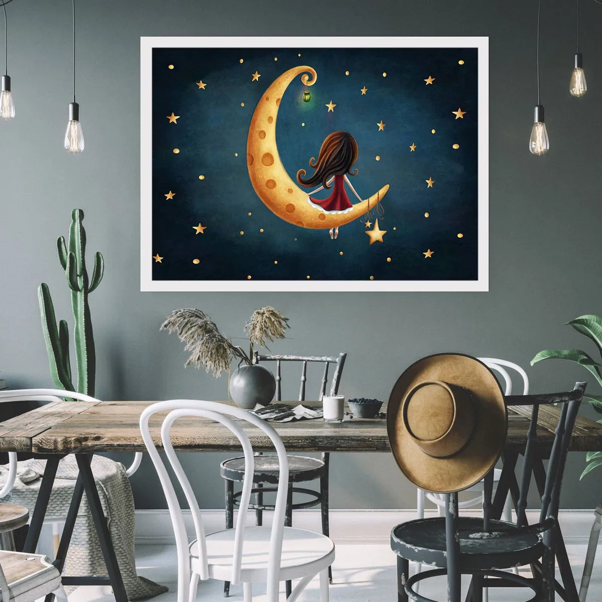Poster - Una ragazza sulla luna circondata dalle stelle - 100x70cm - Una volta... - Decorazione murale moderna per soggiorno e camera da letto ARTTOR