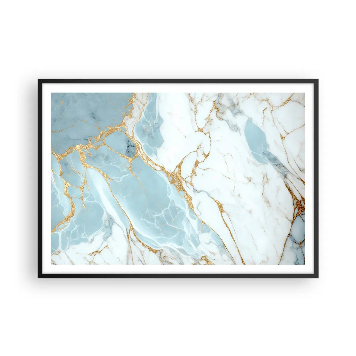 Poster in cornice nera - Motivi in marmo blu e bianco con venature dorate aggiunte - 100x70cm - La ricchezza della pietra - Decorazione murale moderna per soggiorno e camera da letto ARTTOR