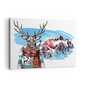 Quadro su tela - Stampe su Tela - Un cervo con un maglione invernale sullo sfondo di un paesaggio montano - 100x70cm - Anche il cervo non ha freddo - Decorazione murale moderna per soggiorno e camera da letto ARTTOR