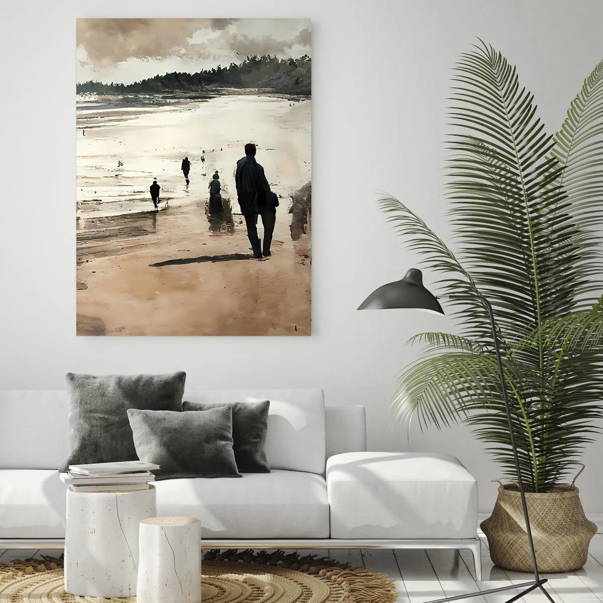 Quadro su vetro - Passeggiatori sulla spiaggia in un paesaggio tranquillo - 80x120cm - Convocati - Decorazione murale moderna per soggiorno e camera da letto ARTTOR