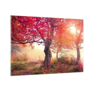Quadro su vetro - Foresta autunnale con raggi di sole al mattino - 100x70cm - L'esplosione della fioritura - Decorazione murale moderna per soggiorno e camera da letto ARTTOR