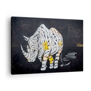 Quadro su tela - Stampe su Tela - Un rinoceronte scolpito con strisce astratte su sfondo scuro. - 70x50cm - La pelle dura è un mito - Decorazione murale moderna per soggiorno e camera da letto ARTTOR