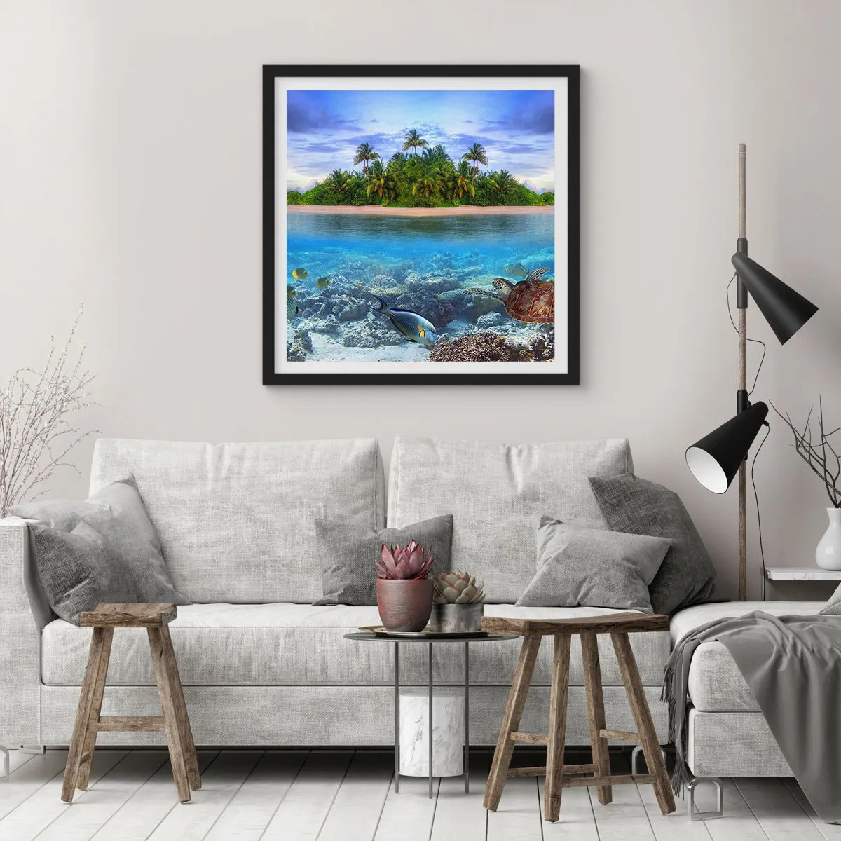Poster in cornice nera - L'isola del paradiso dà il benvenuto - 30x30 cm