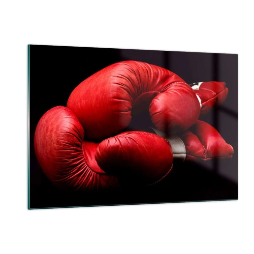Quadro su vetro - Guantoni da boxe rossi su sfondo nero - 120x80cm - Dopo le emozioni del combattimento - Decorazione murale moderna per soggiorno e camera da letto ARTTOR