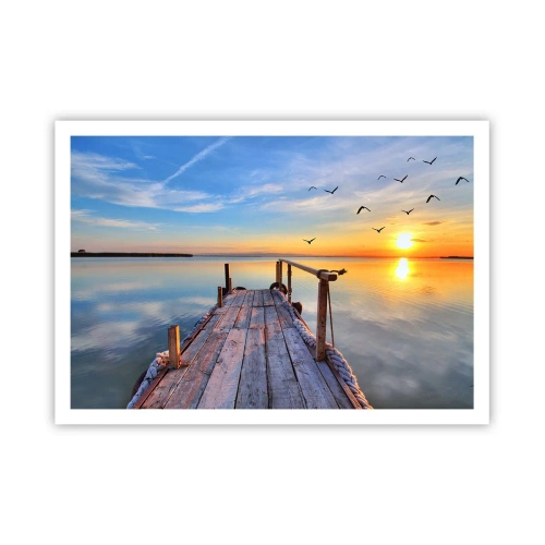 Poster - Molo di legno al tramonto su un lago calmo - 100x70cm - Camminando verso il sole - Decorazione murale moderna per soggiorno e camera da letto ARTTOR