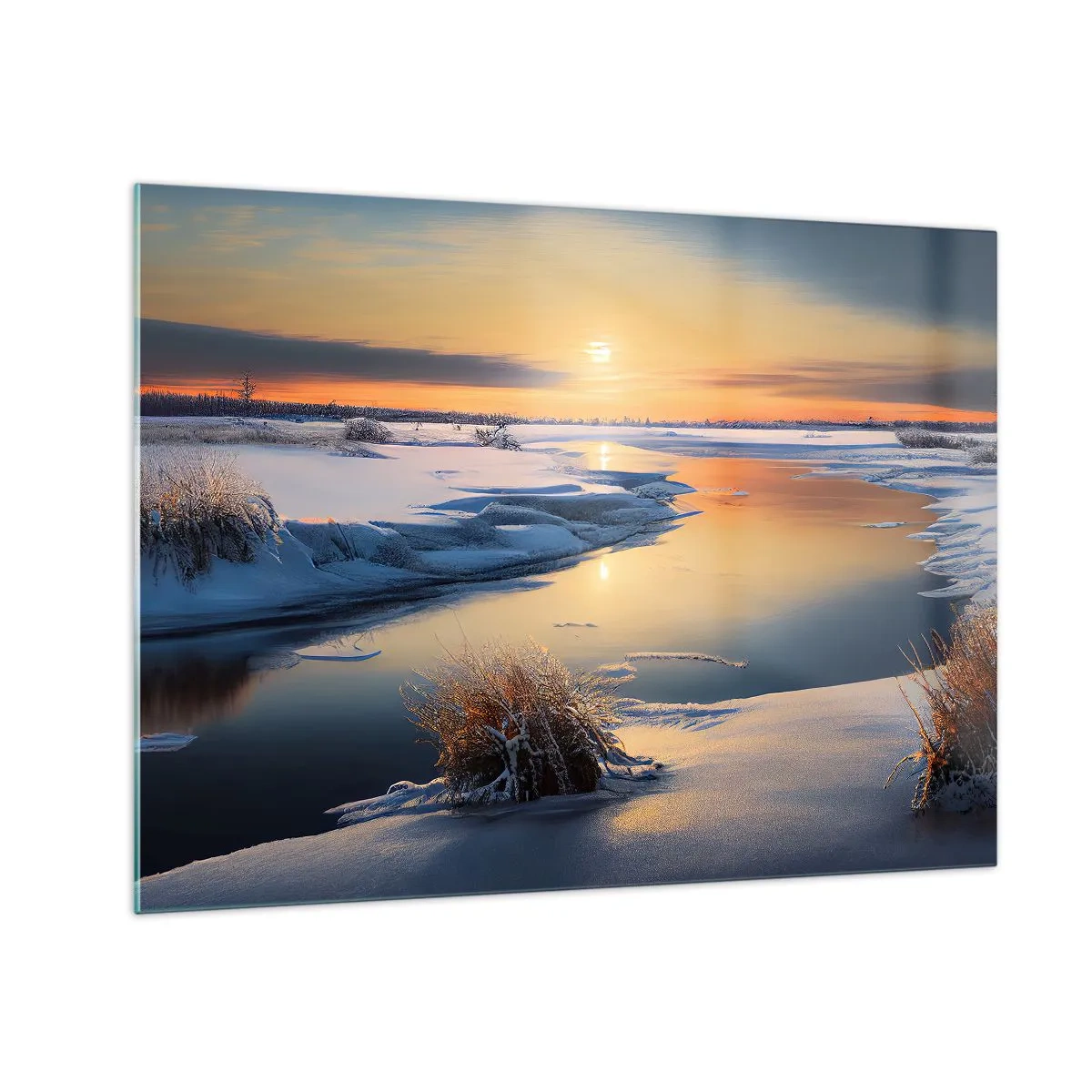 Quadro su vetro - Paesaggio invernale con tramonto su un fiume ghiacciato - 70x50cm - Tramonto invernale - Decorazione murale moderna per soggiorno e camera da letto ARTTOR
