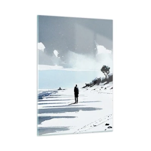 Quadro su vetro - Silhouette di una persona sola che cammina su una spiaggia deserta - 50x70cm - Solo con se stesso - Decorazione murale moderna per soggiorno e camera da letto ARTTOR