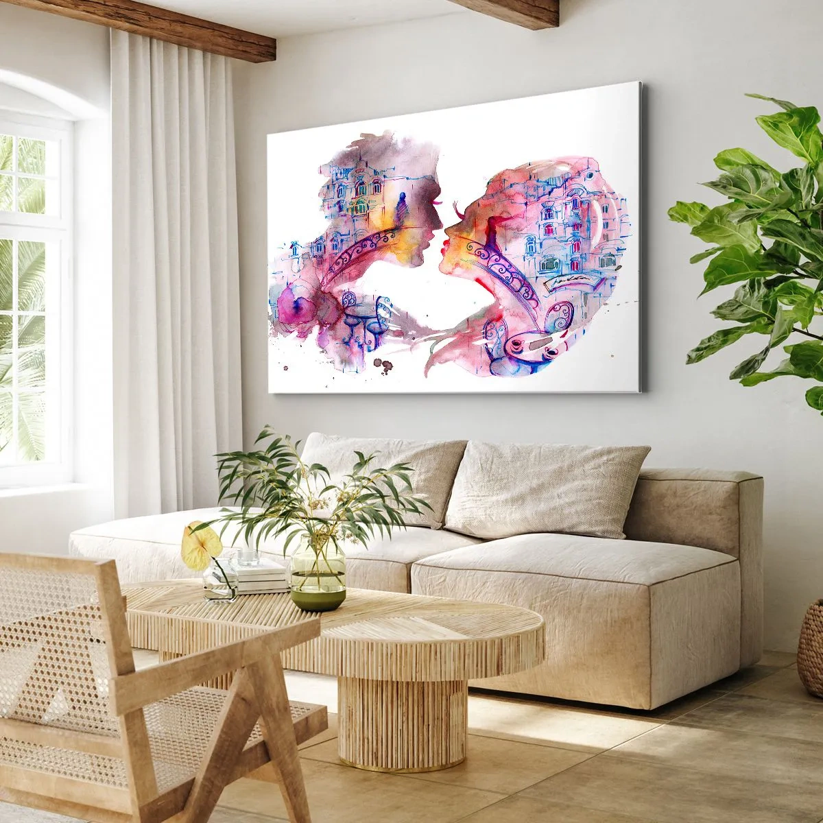 Quadro su tela - Stampe su Tela - Un acquerello romantico che raffigura le sagome degli innamorati - 120x80cm - Misterioso ponte dei sospiri - Decorazione murale moderna per soggiorno e camera da letto ARTTOR