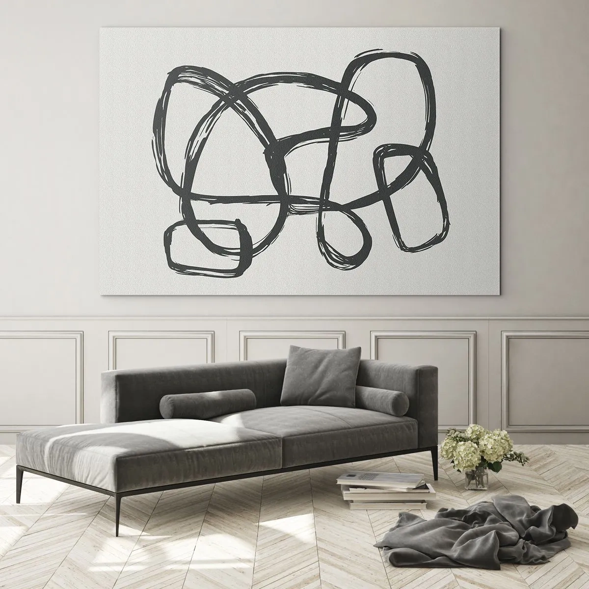 Quadro su vetro - Anelli e linee nere formano una composizione astratta su uno sfondo bianco. - 100x70cm - Astrazione aggrovigliata - Decorazione murale moderna per soggiorno e camera da letto ARTTOR