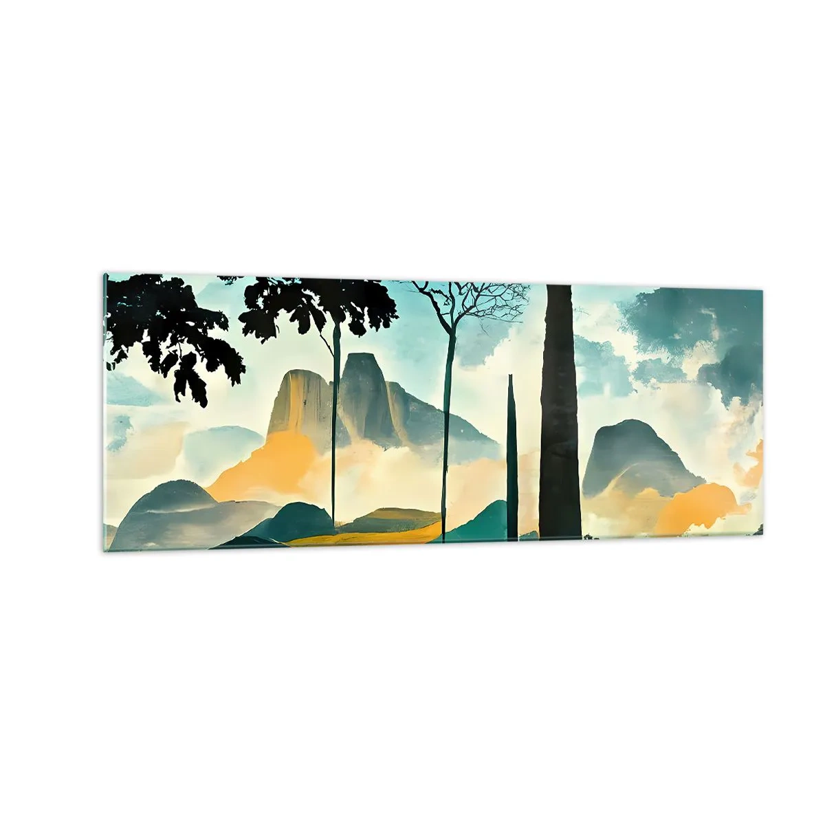 Quadro su vetro - Un paesaggio pittoresco con alberi e montagne sullo sfondo - 140x50cm - Sempre più in alto - Decorazione murale moderna per soggiorno e camera da letto ARTTOR