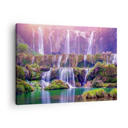 Quadro su tela - Stampe su Tela - Cascate immerse nel verde con luci pastello - 70x50cm - La scala verso il cielo - Decorazione murale moderna per soggiorno e camera da letto ARTTOR