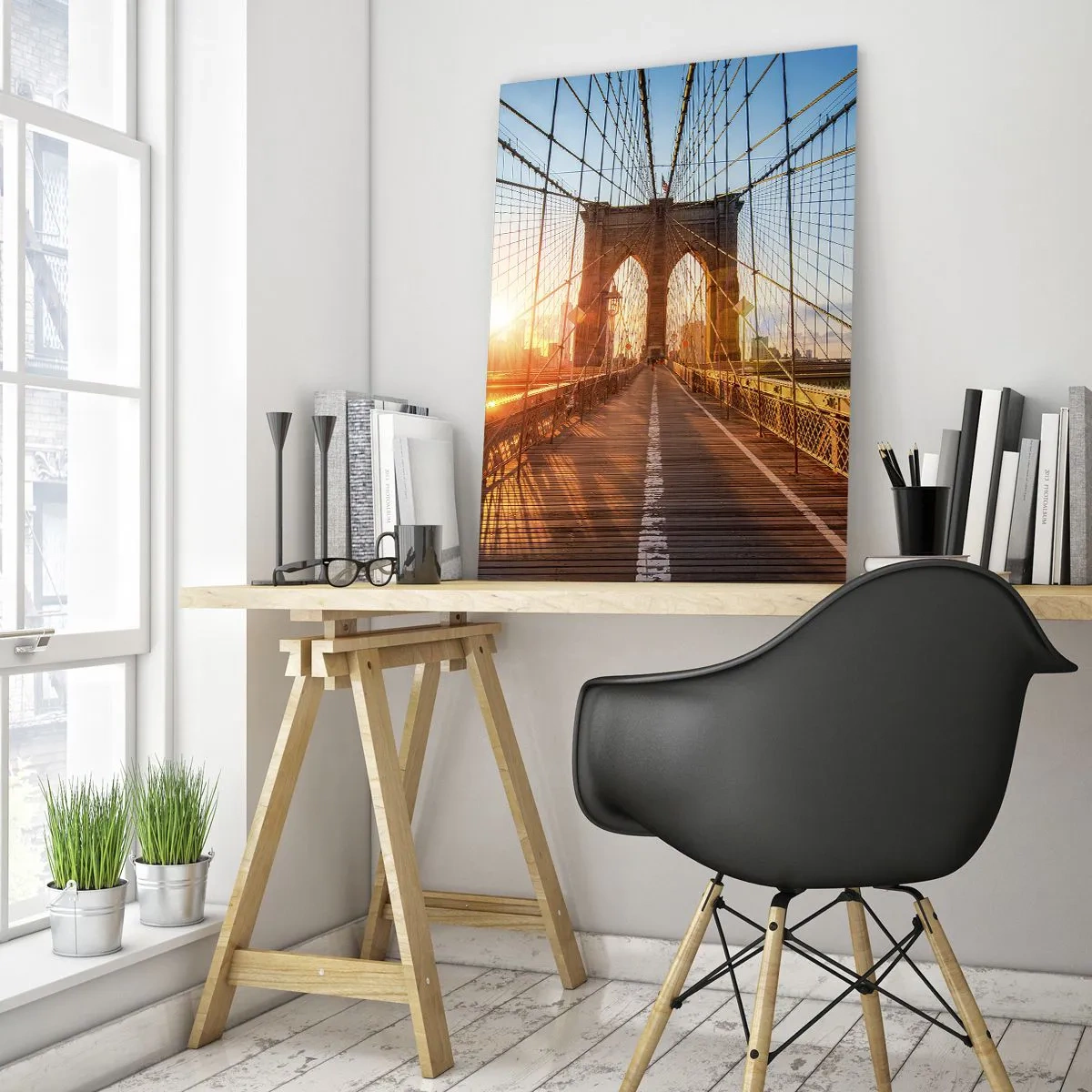 Quadro su vetro - Il ponte alla luce del tramonto con vista sulla città - 70x100cm - Sul ponte d'oro - Decorazione murale moderna per soggiorno e camera da letto ARTTOR
