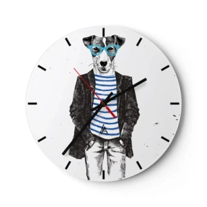 Orologio da parete - Orologio in Vetro - Un cane con gli occhiali e una camicia da marinaio - 30x30cm - Incantesimo sul cane - Decorazione murale moderna per soggiorno, cucina e camera da letto ARTTOR