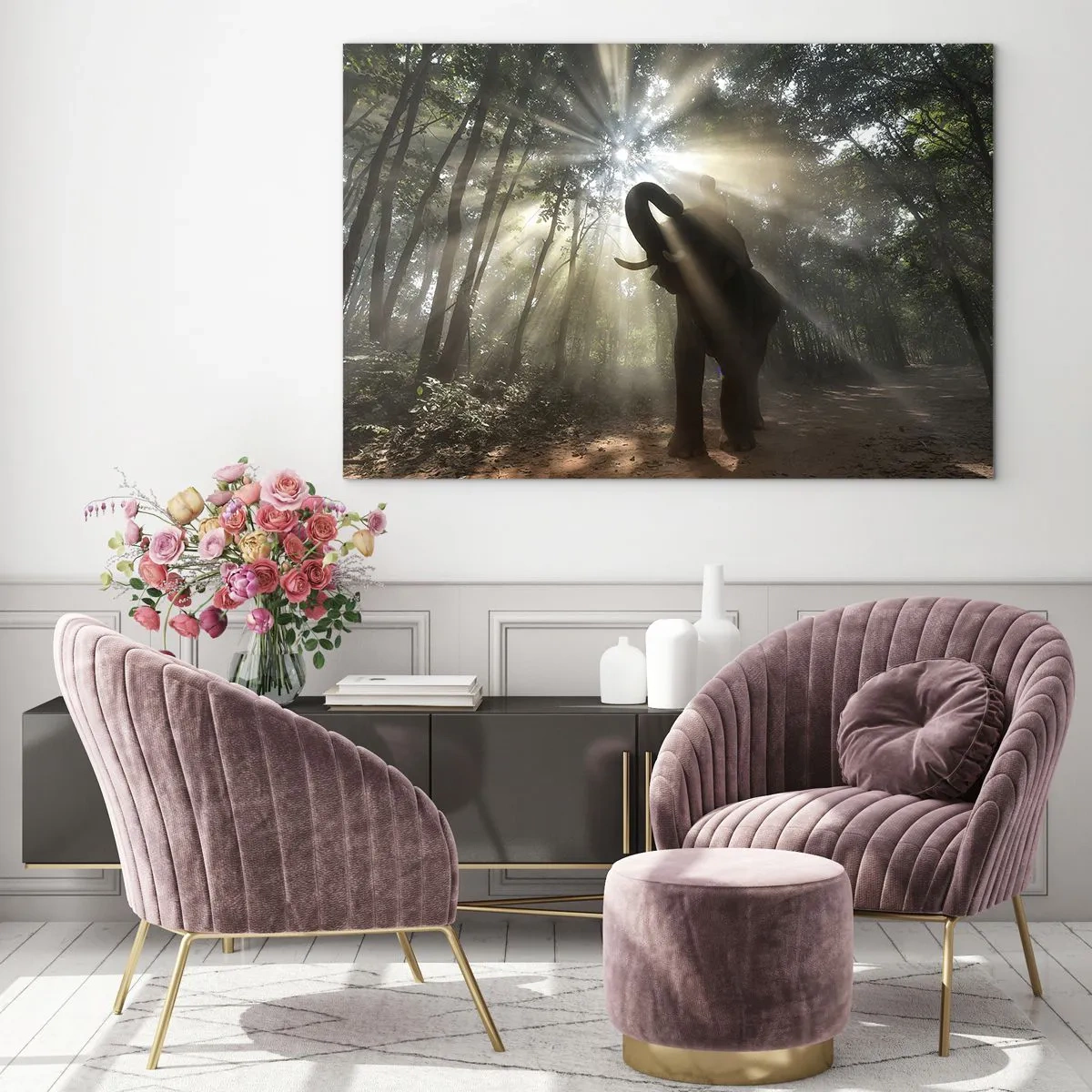 Quadro su vetro - Un elefante in una foresta illuminata dalla luce del sole - 120x80cm - Sotto una stella fortunata - Decorazione murale moderna per soggiorno e camera da letto ARTTOR