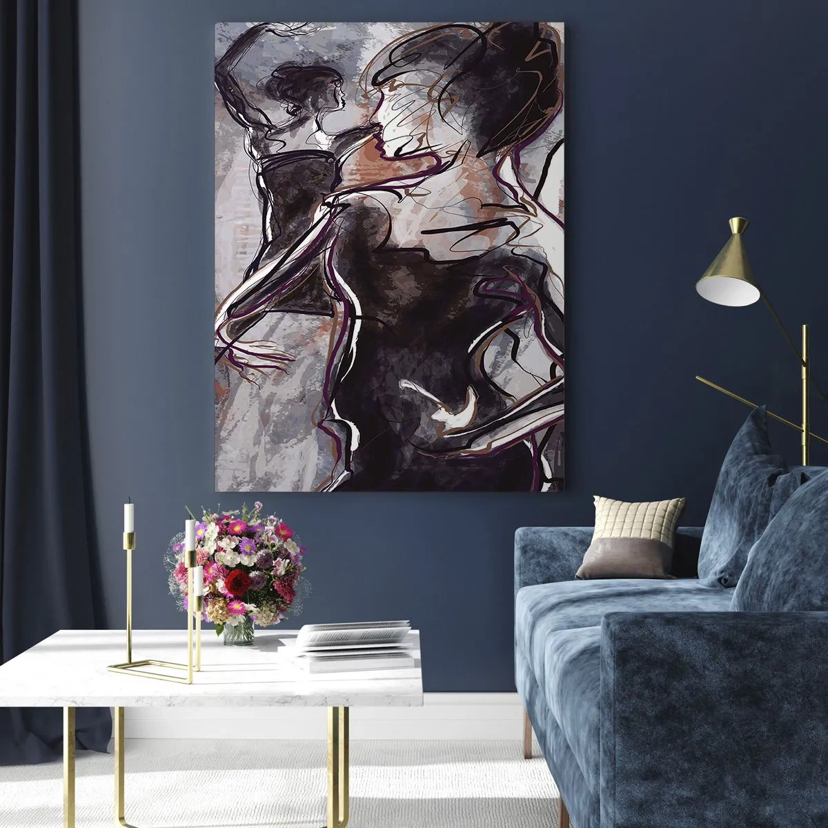 Quadro su vetro - Scena jazz astratta con un sassofonista e una donna che balla. - 80x120cm - Sciogliersi nella musica - Decorazione murale moderna per soggiorno e camera da letto ARTTOR
