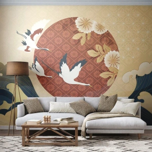 Fotomurali Premium Sand - Gru giapponesi, onde e fiori su uno sfondo circolare rosso - 100x70cm - Favola giapponese - Decorazione murale moderna per soggiorno e camera da letto ARTTOR