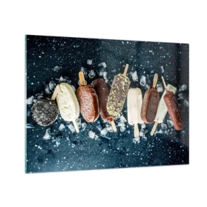 Quadro su vetro - Ghiaccioli di vari gusti disposti su cubetti di ghiaccio - 70x50cm - Il sapore della calda estate - Decorazione murale moderna per soggiorno e camera da letto ARTTOR