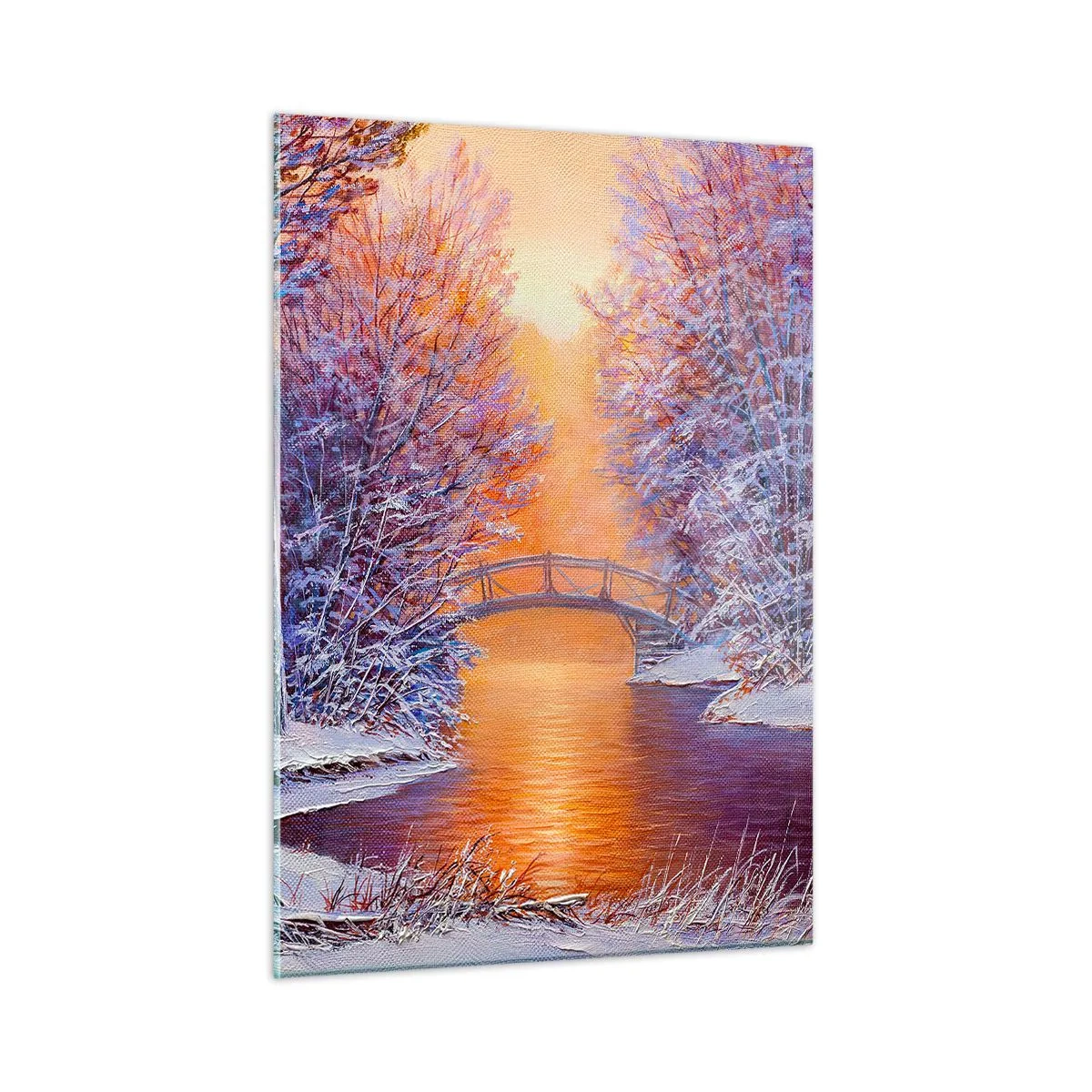 Quadro su vetro - Paesaggio invernale con un ponte e alberi innevati al tramonto - 50x70cm - Incontriamoci qui - Decorazione murale moderna per soggiorno e camera da letto ARTTOR