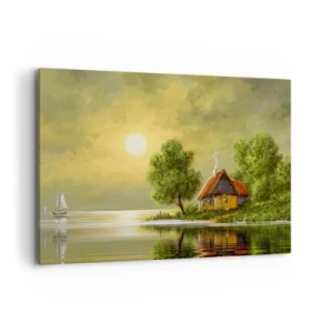 Quadro su tela - Stampe su Tela - Casa sul lago alla luce del tramonto - 100x70cm - Bello come un quadro - Decorazione murale moderna per soggiorno e camera da letto ARTTOR