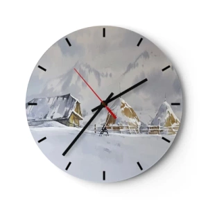 Orologio da parete - Orologio in Vetro - Paesaggio invernale con una casetta e pagliai nella neve - 30x30cm - Nella valle innevata - Decorazione murale moderna per soggiorno, cucina e camera da letto ARTTOR