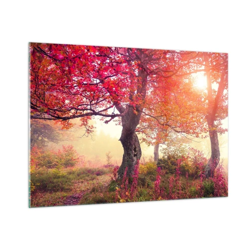 Quadro su vetro - Foresta autunnale con raggi di sole al mattino - 100x70cm - L'esplosione della fioritura - Decorazione murale moderna per soggiorno e camera da letto ARTTOR