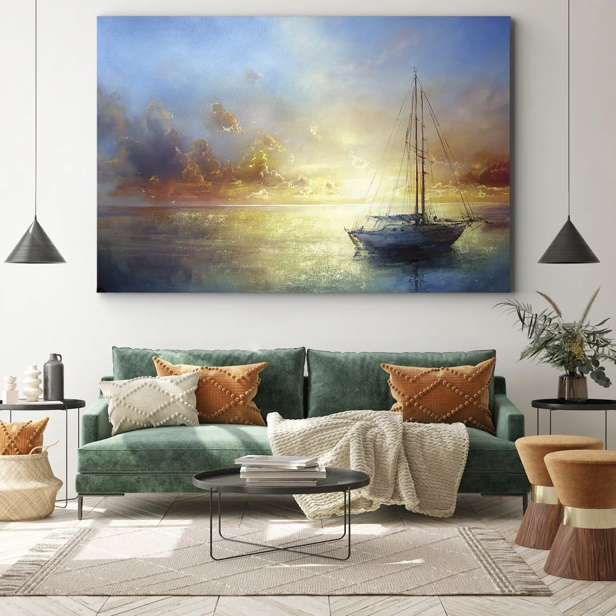 Quadro su tela - Stampe su Tela - Uno yacht su un mare calmo al tramonto - 120x80cm - Nella baia dorata - Decorazione murale moderna per soggiorno e camera da letto ARTTOR