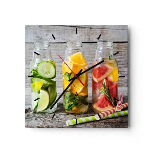 Orologio da parete - Orologio in Vetro - Bottiglie di acqua alla frutta ed erbe aromatiche su uno sfondo di legno - 30x30cm - Sani di natura - Decorazione murale moderna per soggiorno e camera da letto ARTTOR