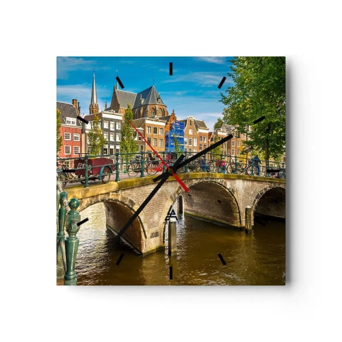 Orologio da parete - Orologio in Vetro - Un pittoresco canale con un ponte ad Amsterdam - 30x30cm - La primavera sul canale - Decorazione murale moderna per soggiorno e camera da letto ARTTOR