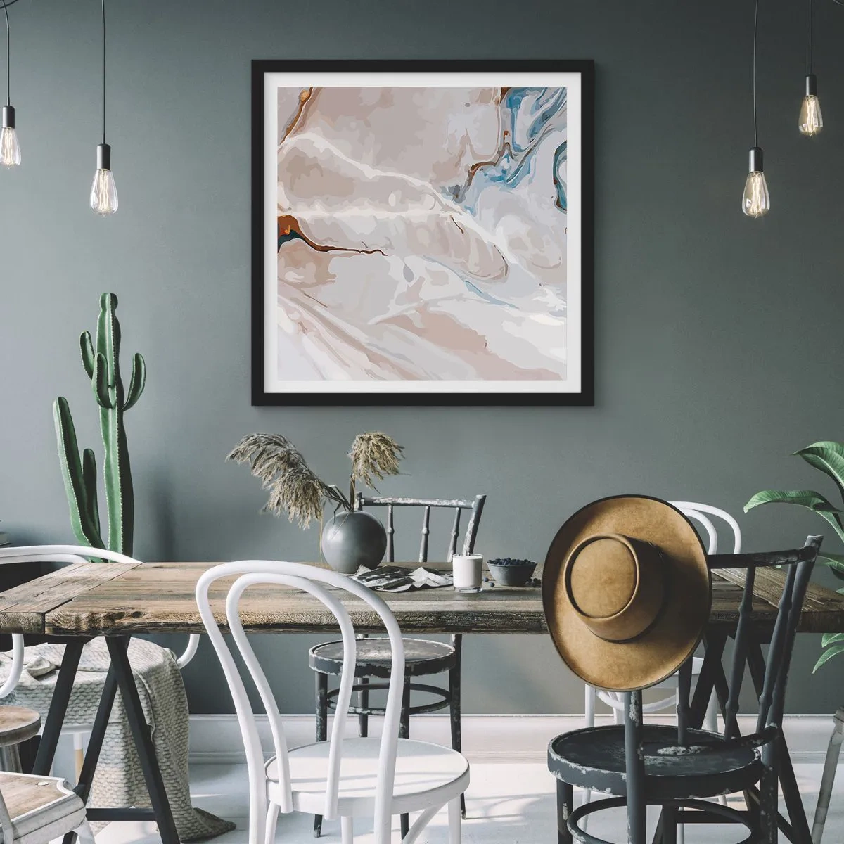 Poster in cornice nera - Meandri blu sotto il bianco - 60x60 cm